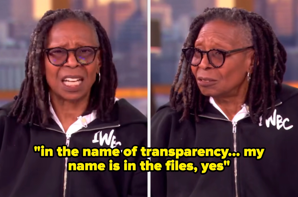 Whoopi Goldberg on "The View." Overlay text reads, "in the name of transparency... my name is in the files, yes."