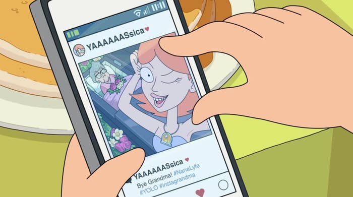 on "Rick and Morty," Morty looks astatine  an Instagram representation   of a pistillate   taking a selfie with her grandmother's casket astatine  a funeral