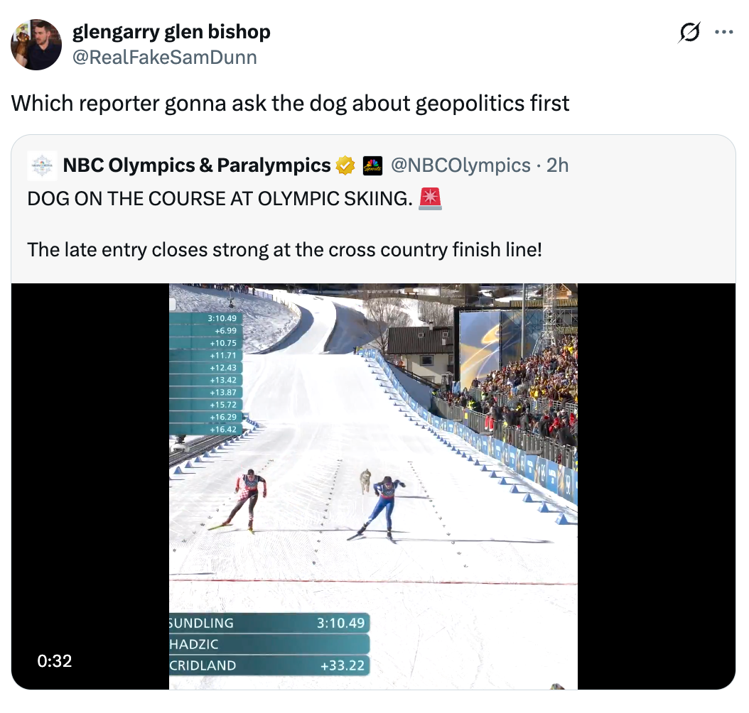Screenshot of a tweet showing a video of a canine interrupting an Olympic skiing race. Text jokes astir asking the canine astir geopolitics