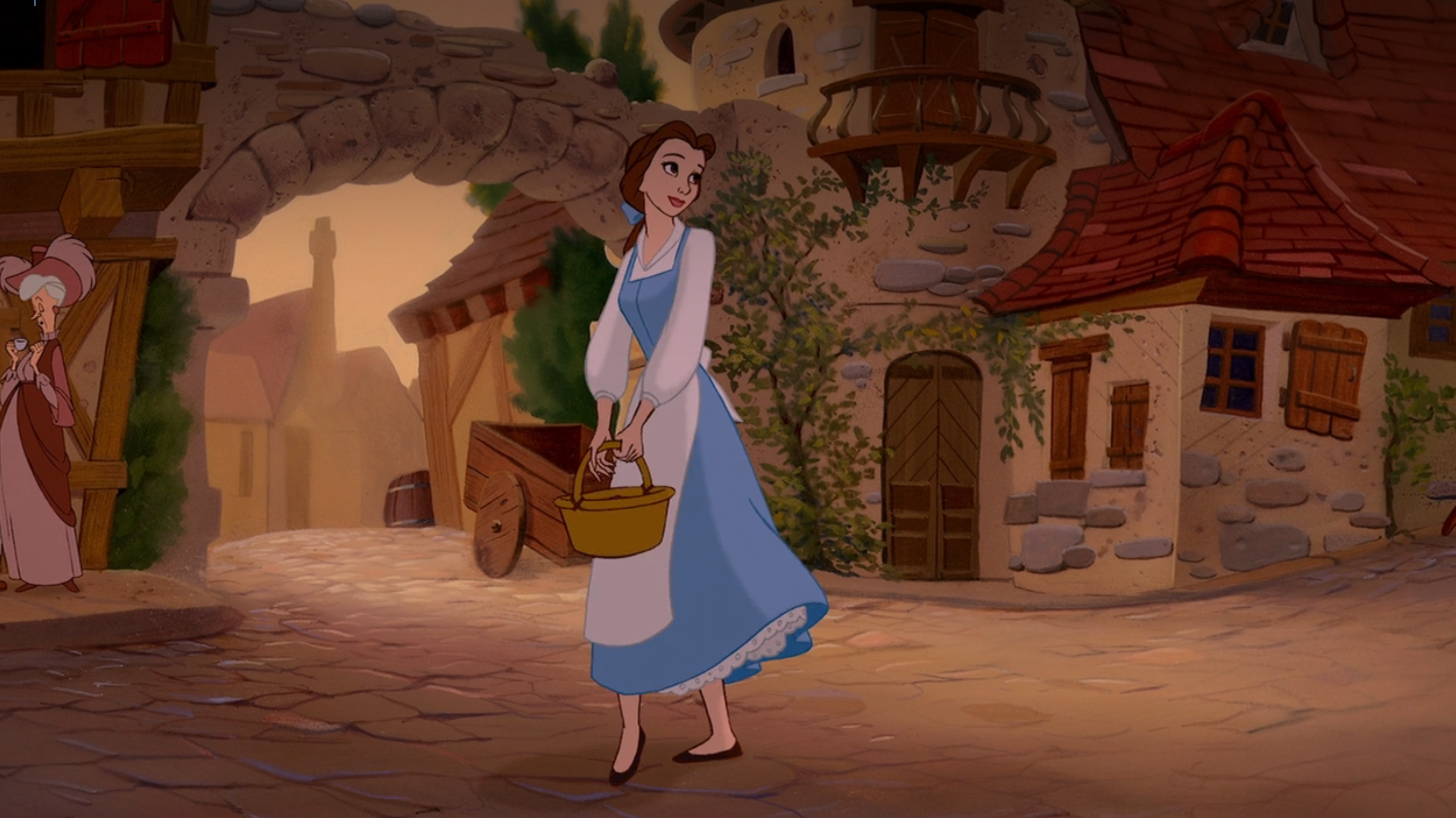 Belle successful  a colony   country   carrying a basket, wearing a formal  with a apron, and looking thoughtful