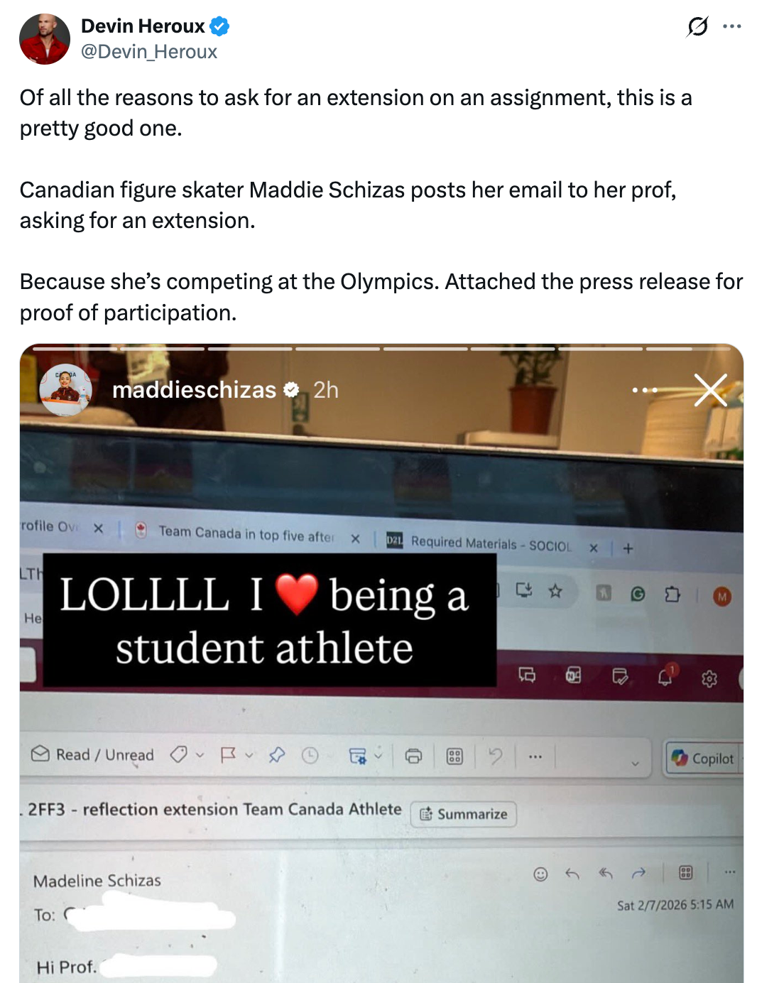 Tweet om den kanadiske kunstløperen Maddie Schizas som ber om forlengelse av skoleoppgaven på grunn av hennes deltakelse i OL. Skjermbilde av e-post inkludert