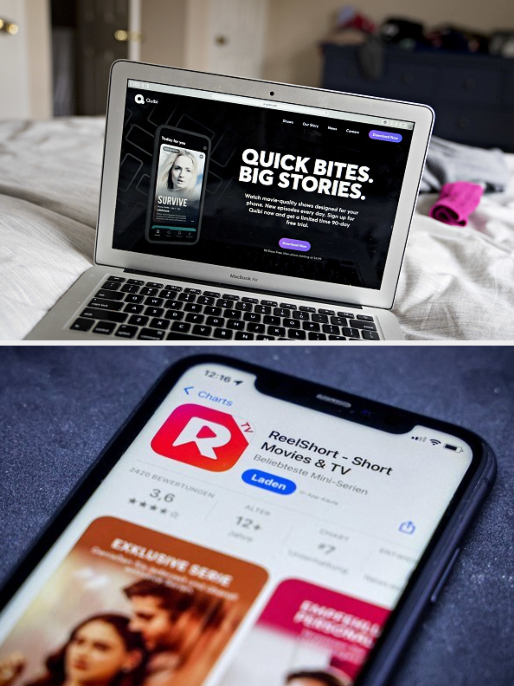 Bærbar datamaskin som viser Quibi-hjemmesiden med tekst som oppmuntrer brukere til å registrere seg for raske, mobilvennlige show