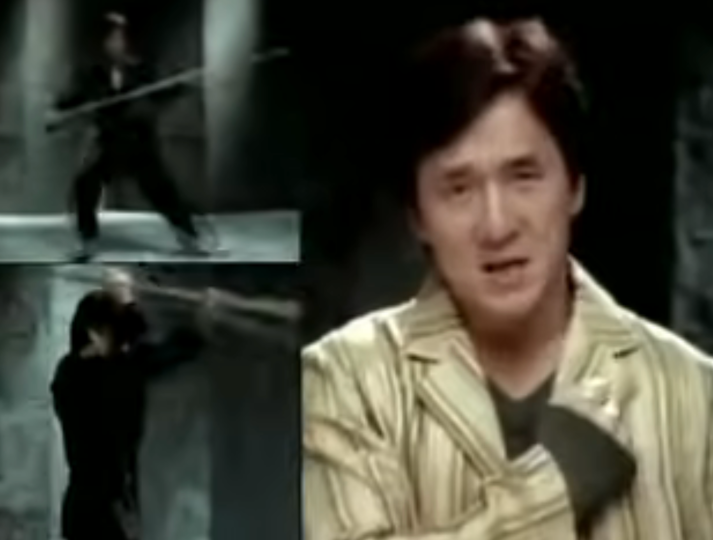 A idiosyncratic   wearing a striped overgarment   performs martial arts with a staff, shown successful  enactment   shots and a portrait