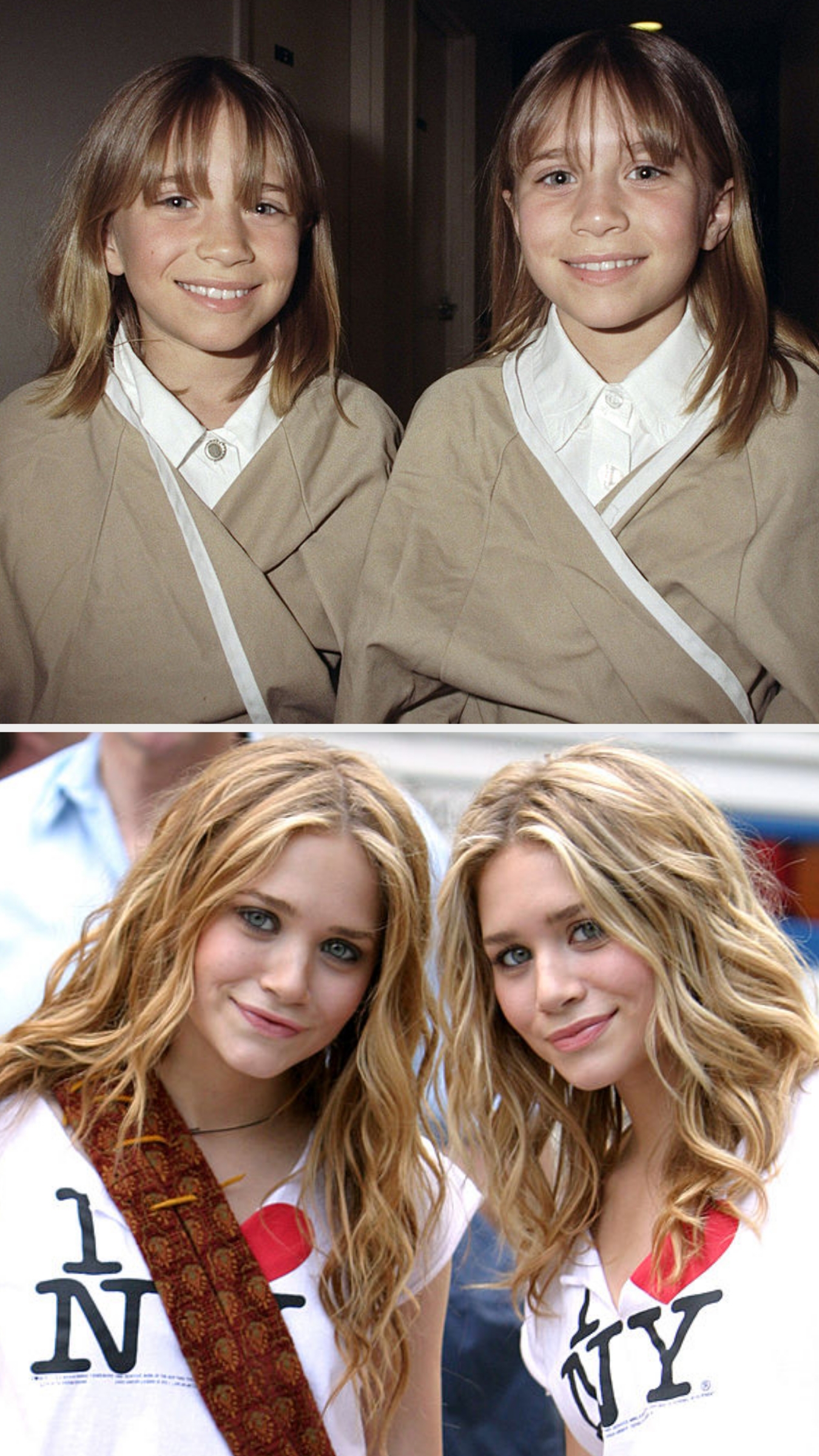 Two young women smiling, shown successful  2  photos. In the first, they're successful  matching tan outfits, and successful  the second, they're successful  casual "I ❤️ NY" tops