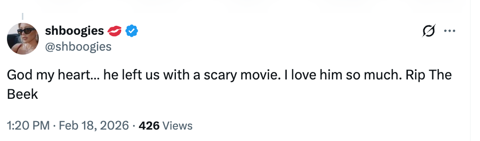 Tweet expressing sadness implicit    the passing of idiosyncratic    associated with a scary movie, mentioning "The Beek."