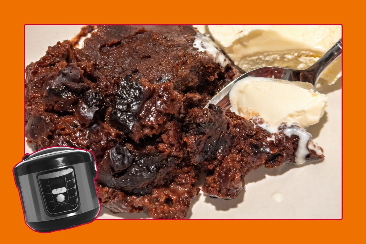 Chocolate pudding with ice cream on a plate, and an inset of a slow cooker, highlighting a recipe feature