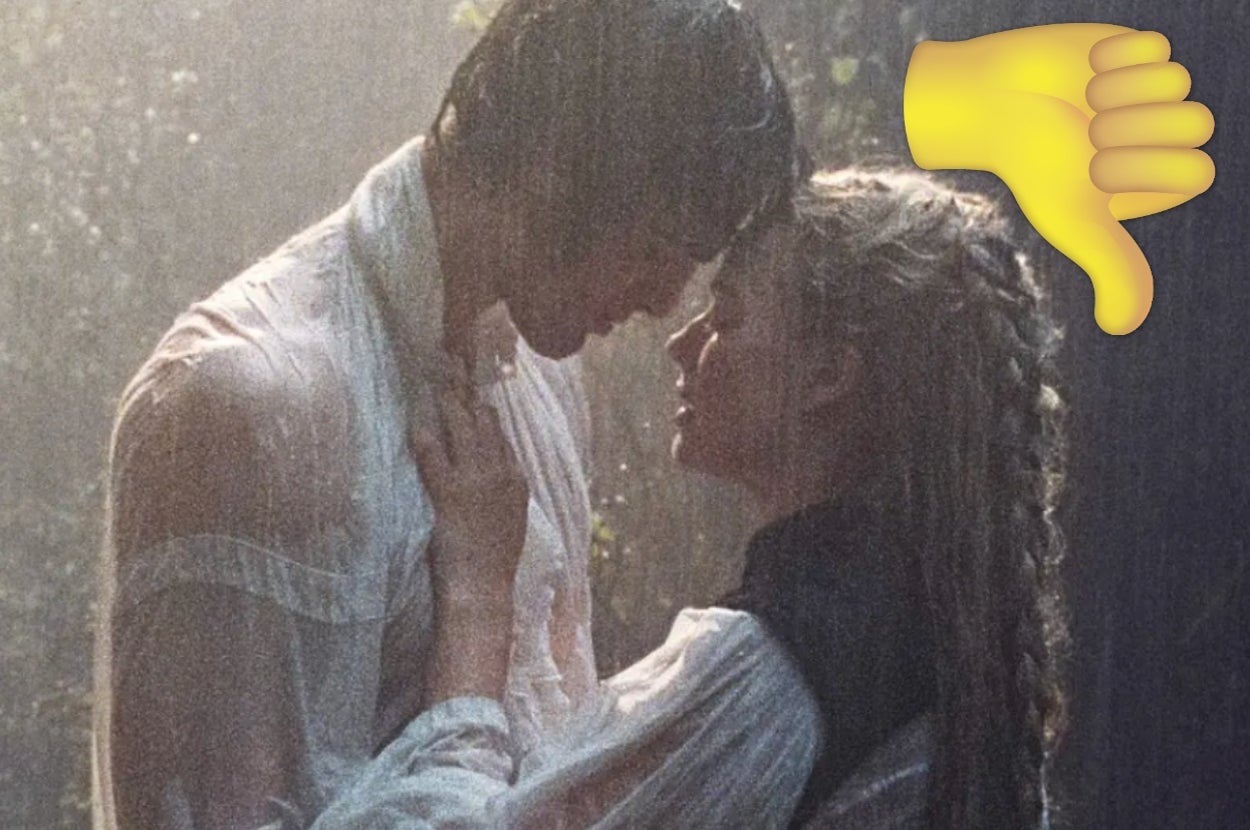 A romantic scene with two people embracing in the rain, a thumbs-down emoji added to the image