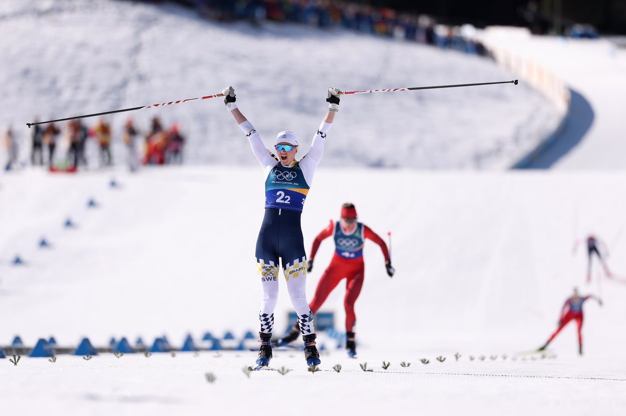 クロスカントリースキー・女子団体スプリントフリーで優勝したスウェーデンのマヤ・ダールクヴィスト選手（＝2026年2月18日撮影）/ Lars Baron / Getty Images