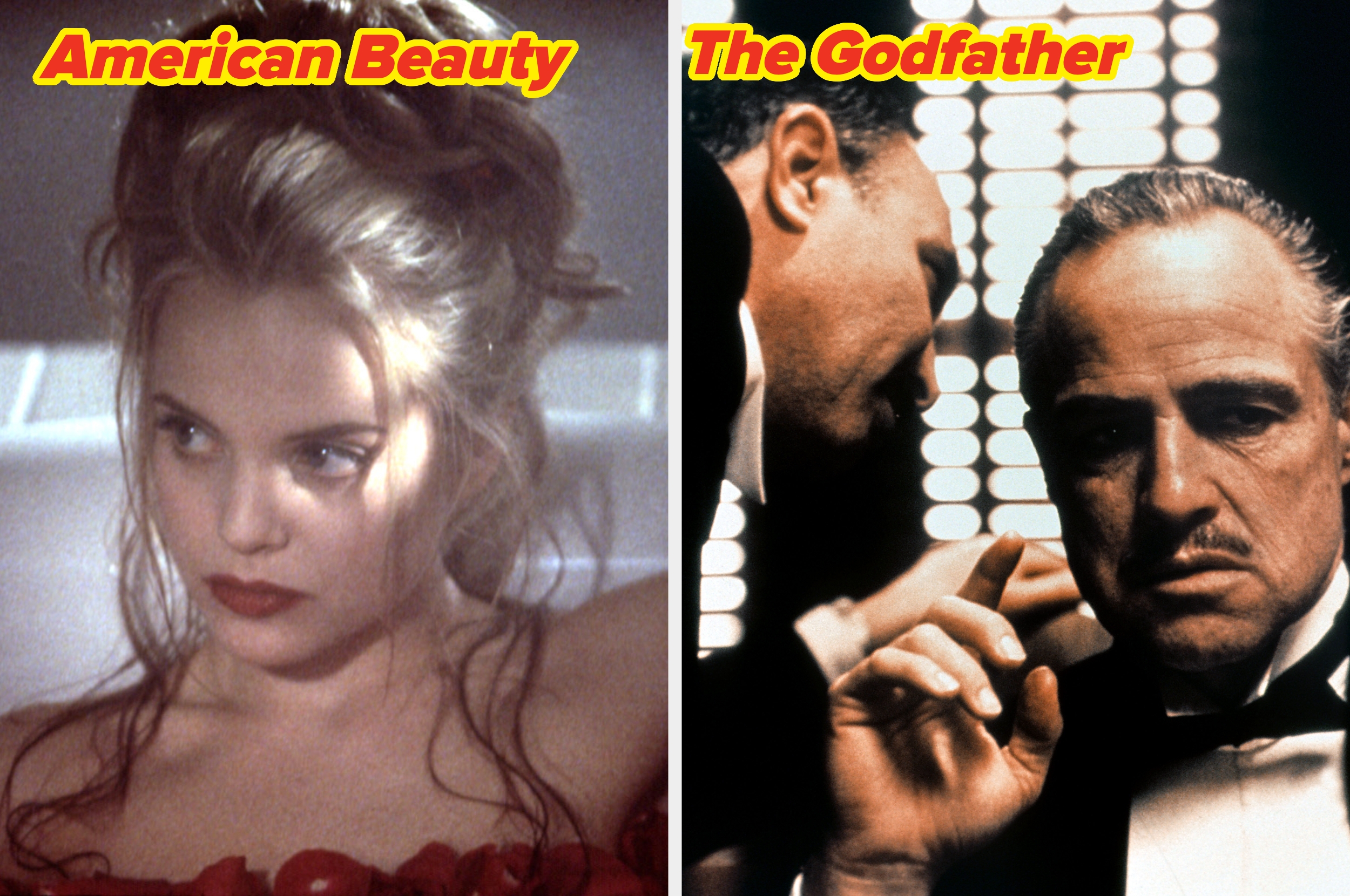 Split image of "American Beauty" scene with a thoughtful young woman and "The Godfather" scene featuring two men in an intense conversation
