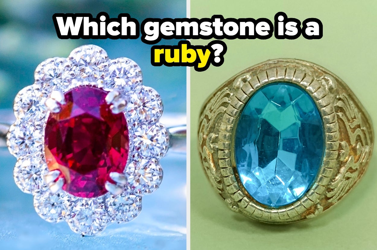 Two rings: left with red stone and diamond halo, right with blue stone. Text asks which gemstone is a ruby
