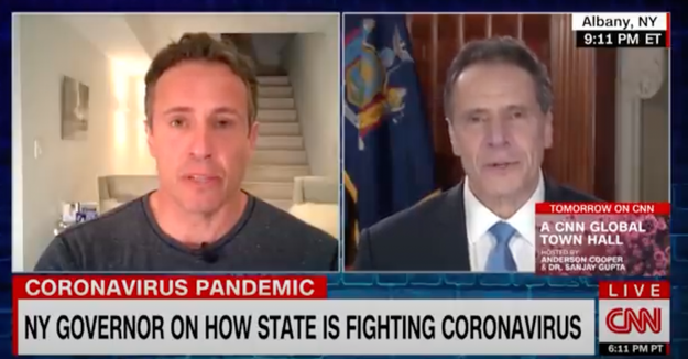 Split-screen news broadcast of CNN's Anderson Cooper interviewing NY Governor about the state's COVID-19 response, with details on a town hall event