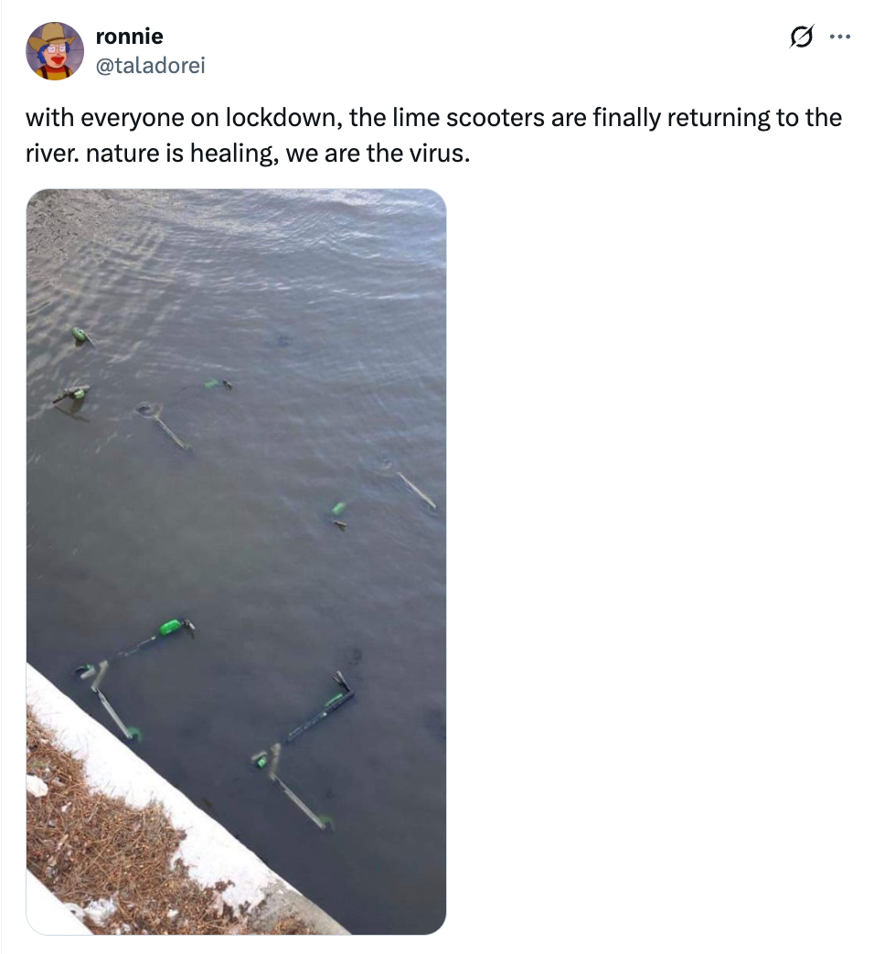 Six electric scooters partially submerged in a river with a caption about the pandemic's impact on nature