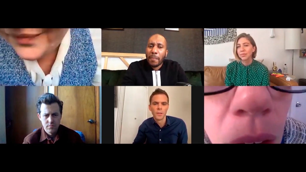 Six people are in a video call, each in separate frames, appearing to have a conversation