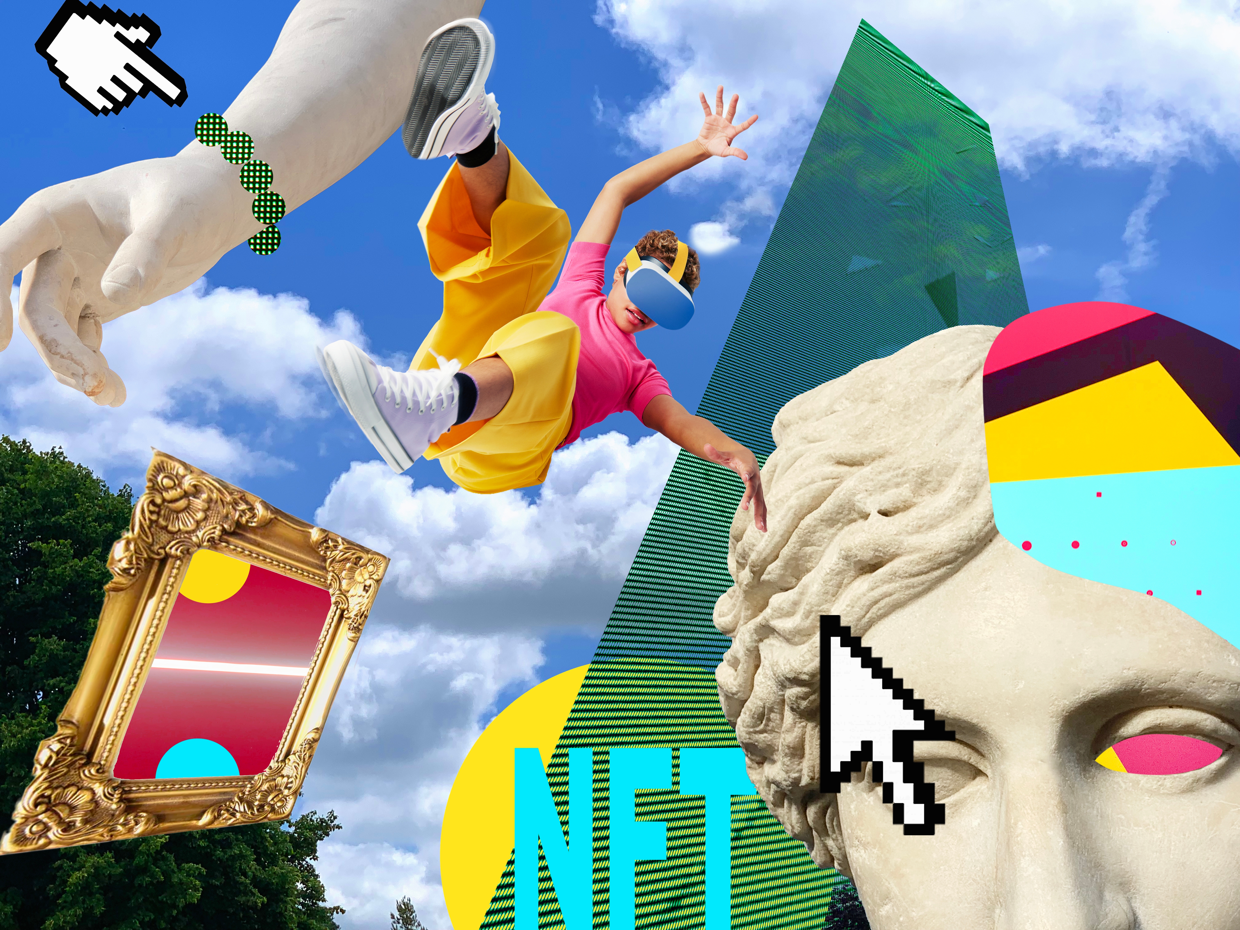 A person wearing VR goggles and colorful clothes appears to float among digital and classical art elements with NFT text in the background