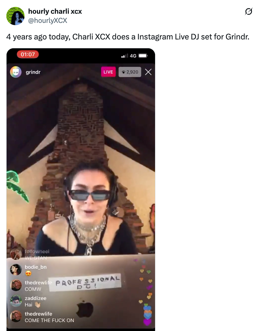 Charli XCX performing a DJ set on Instagram Live for Grindr, wearing sunglasses and headphones, with viewer comments visible on the screen