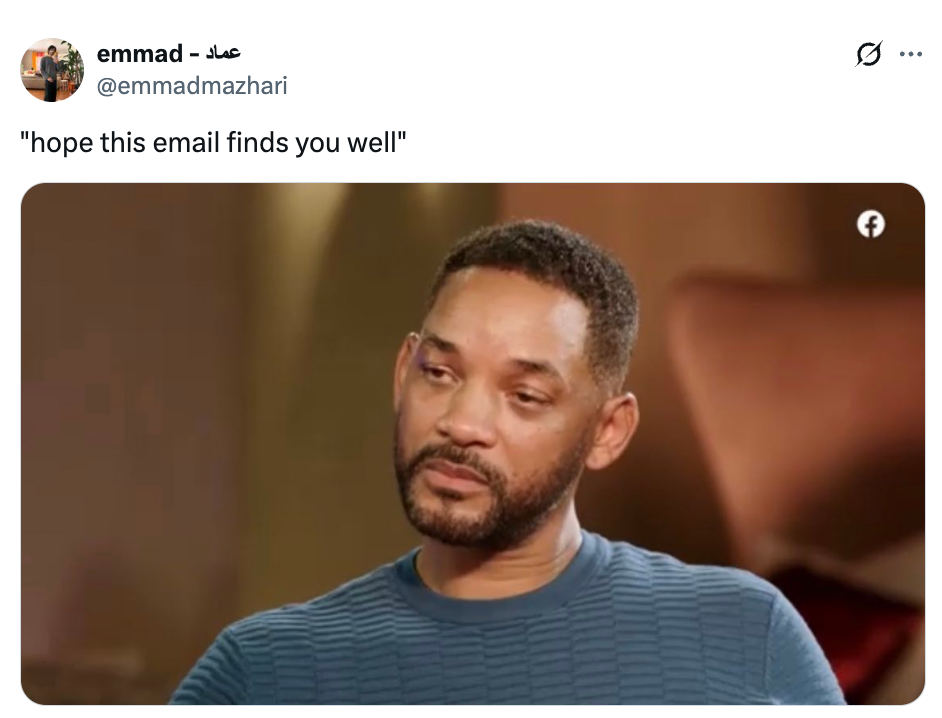 Person in a ribbed sweater looking thoughtful, with a caption: "hope this email finds you well."