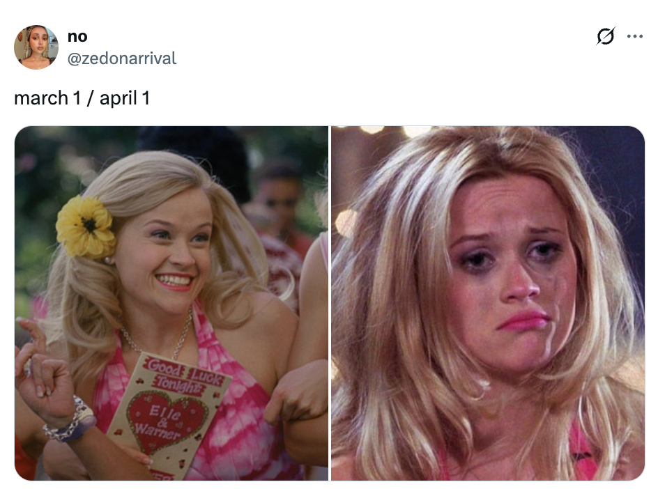 Split image of a cheerful character with a flower in her hair and a sad character, both played by the same actress, labeled "march 1 / april 1"