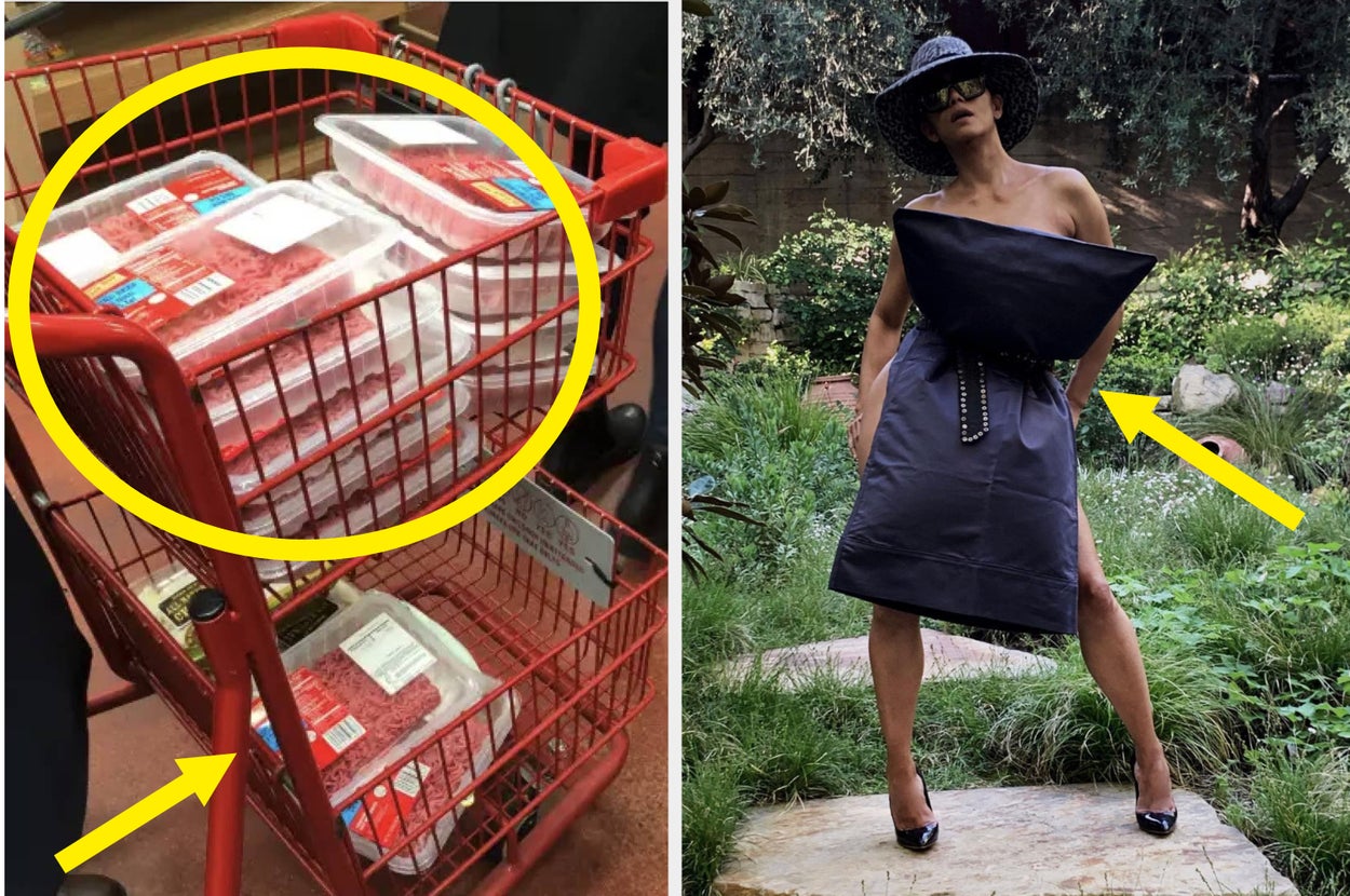 Left image: Whipped dalgona coffee on milk. Right image: Person in garden wearing a pillow as a dress for the "Pillow Challenge."