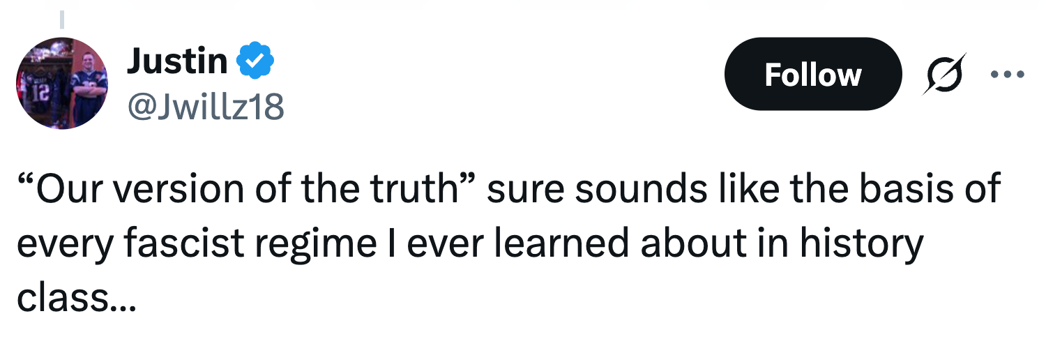 Tweet av Justin: "Vår versjon av sannheten" høres ut som grunnlaget for fascistiske regimer fra historieklassen