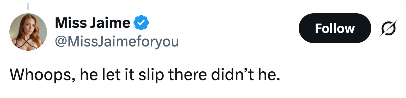 Tweet fra brukeren Miss Jaime: "Huff, han lot det skli der, gjorde han ikke." Brukerens profilbilde vises