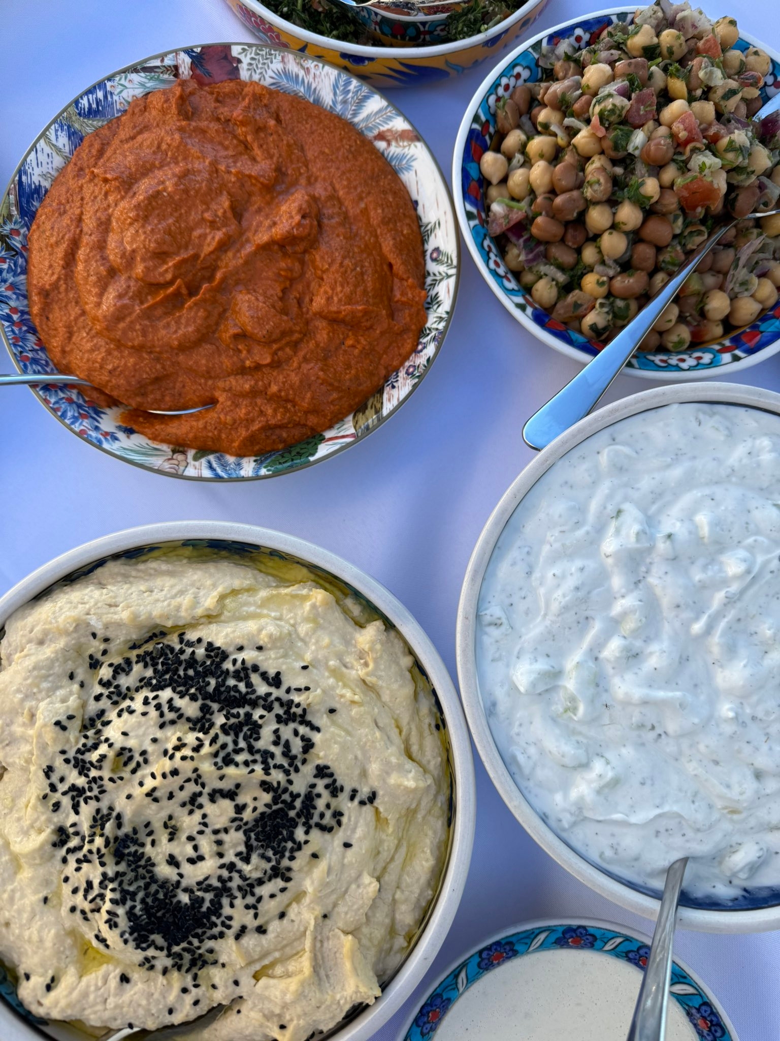 Assorterte middelhavsdipper inkludert hummus med sorte frø, tzatziki og en krydret rød pepperpålegg, arrangert i dekorative boller