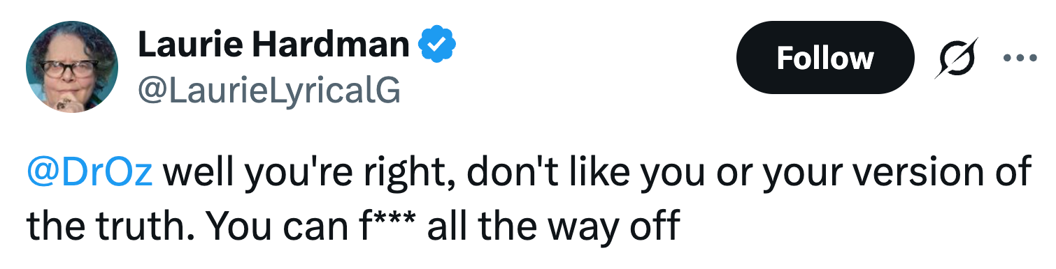 Tweet svar til Dr. Oz som sier: 