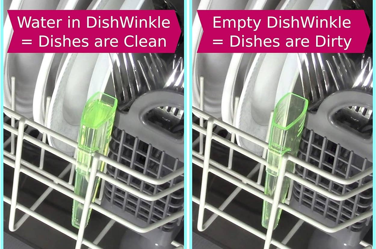 Dishwasher indicator sign showing "Clean" with water and "Dirty" without water, positioned on dishwasher rack