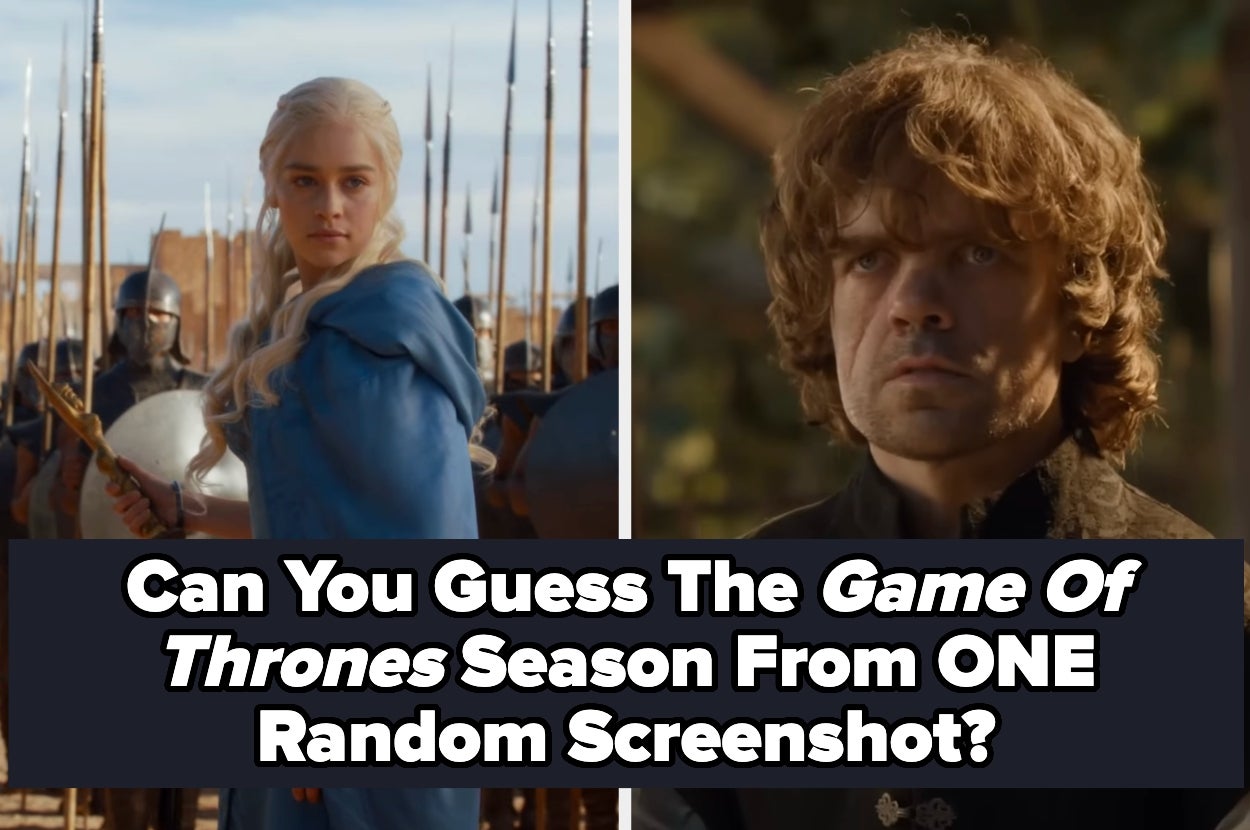 Split image: Daenerys Targaryen holding a sword, Tyrion Lannister looking contemplative. Text asks which "Game of Thrones" season is shown