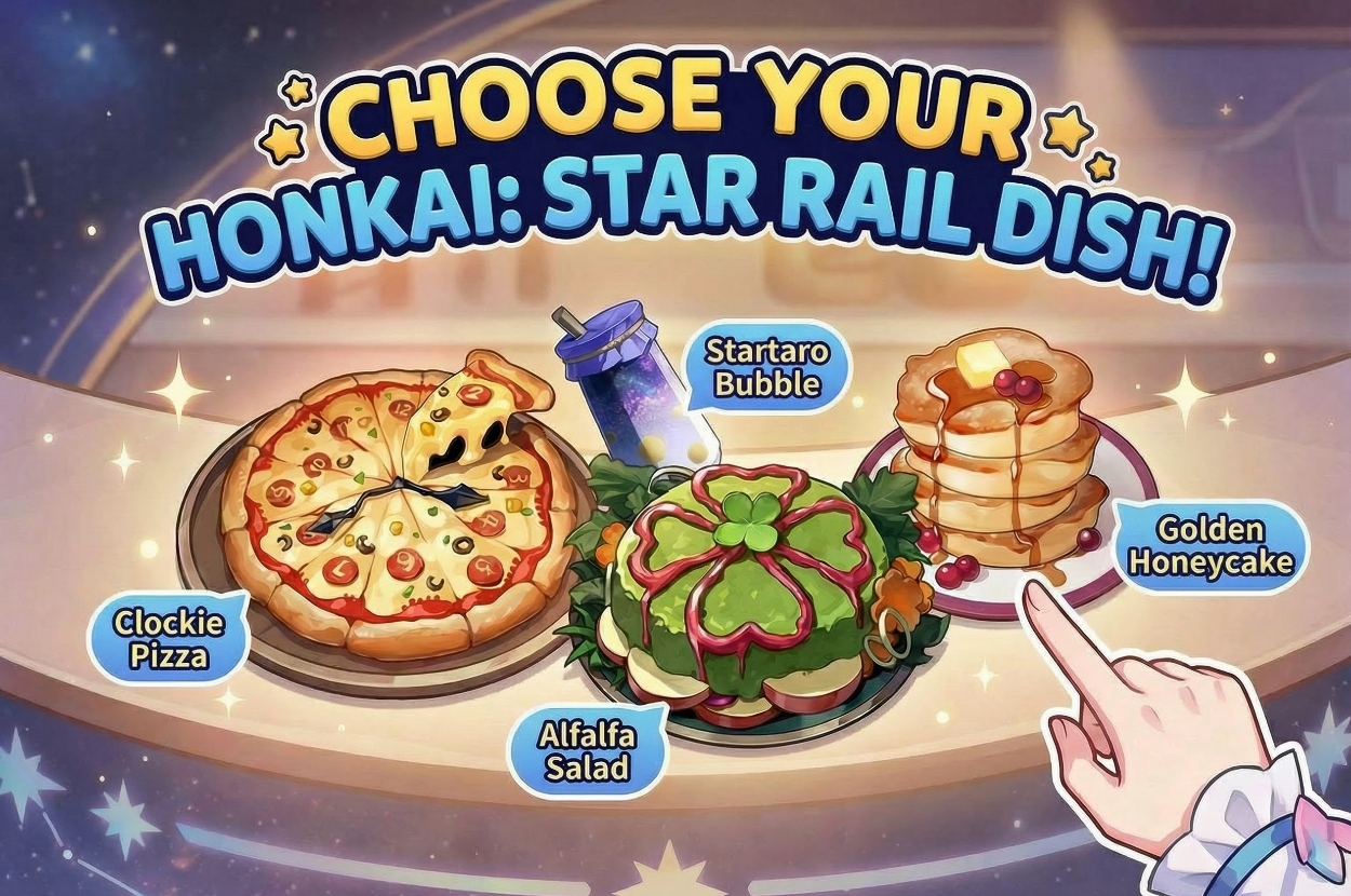 Image of four animated dishes labeled: Clockie Pizza, Alfalfa Salad, Startaro Bubble, and Golden Honeycake, with a hand pointing at them