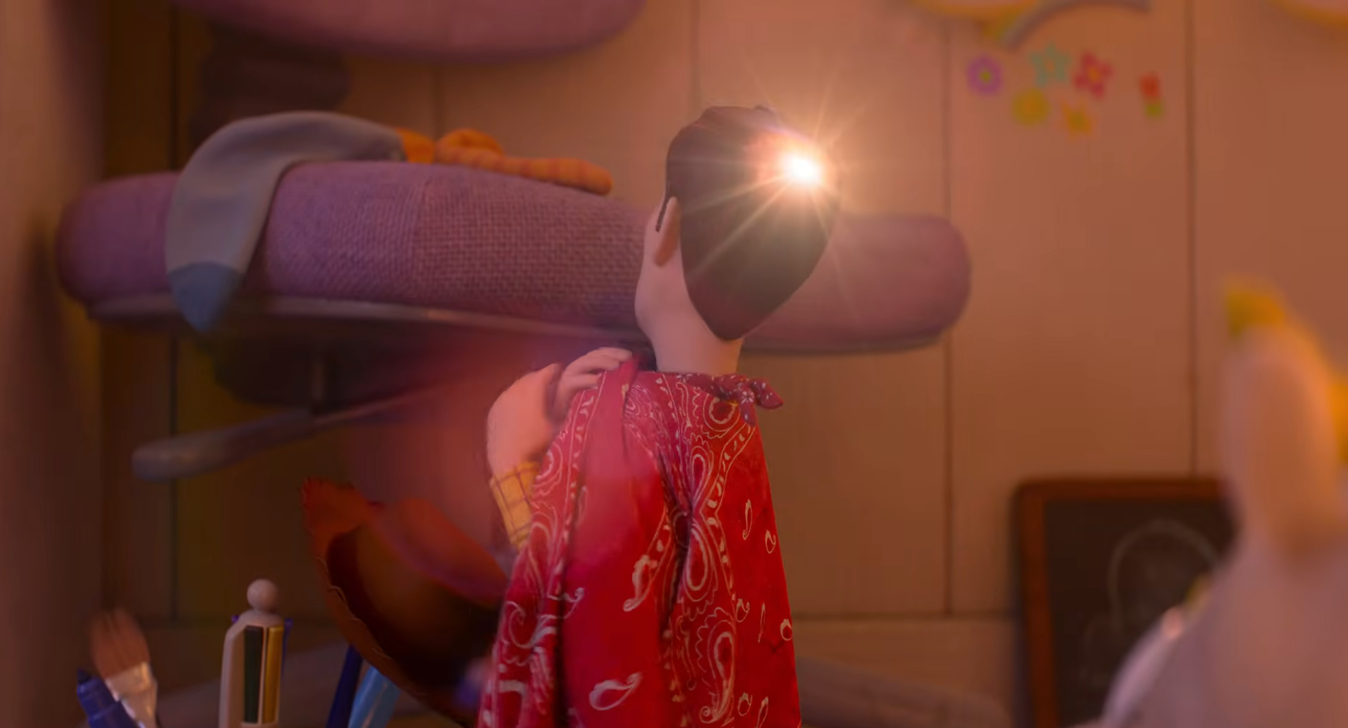 Animated country of a kid with a bandana cape gazing up astatine a feline connected a purple support successful a cozy room