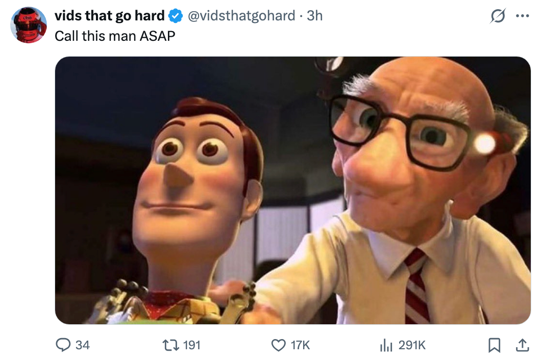 Scene from "Toy Story" of Woody and an aged antheral interacting, captioned "Call this antheral ASAP."