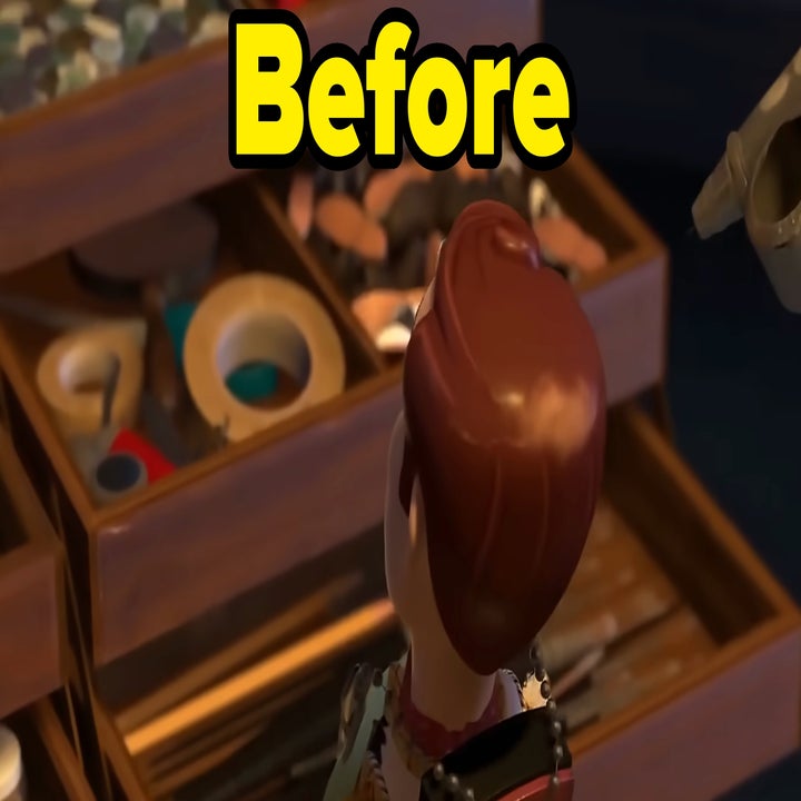 Animated character looking at a drawer filled with art supplies and tools