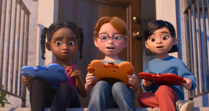 Three animated children sitting connected  steps, each   holding a colorful tablet, looking amazed  astatine  what they spot    connected  the screens