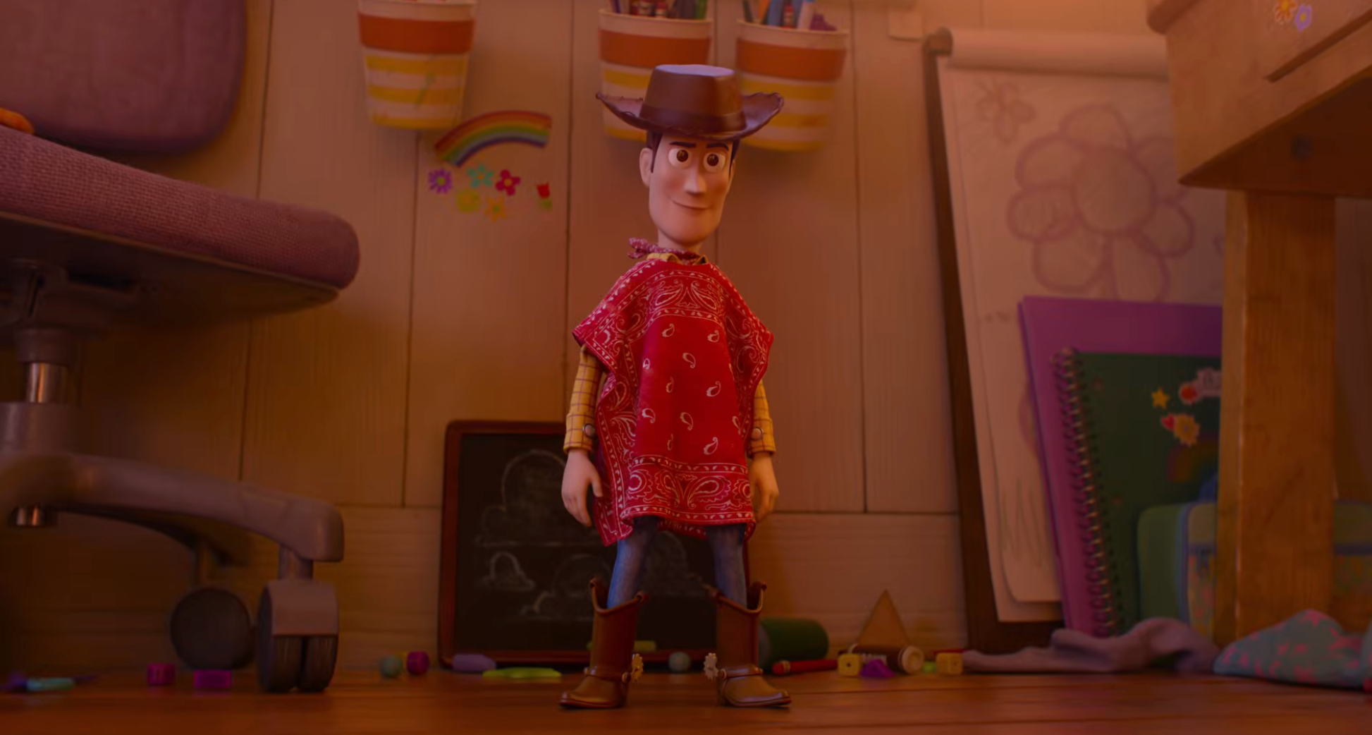Animated cowboy fig wearing a reddish bandana poncho stands successful a colorful children's playroom