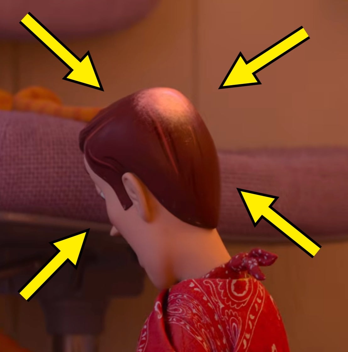 Animated quality with abbreviated hair, wearing a reddish bandana-patterned shirt, holds a cowboy hat. They're successful a country with children's furniture