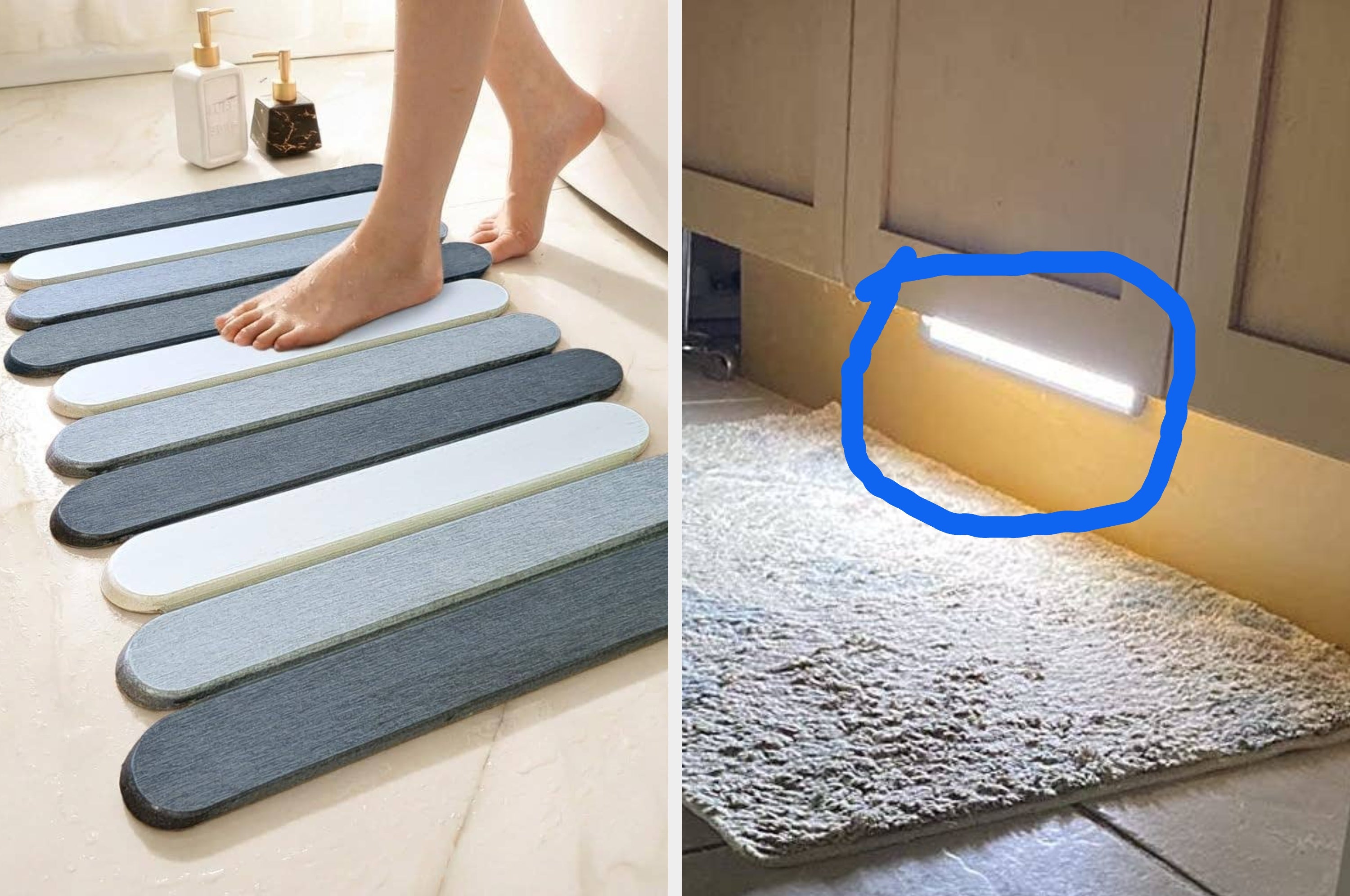 Left image: Person stepping on slatted bath mat. Right image: Soft rug under cabinet with LED light illuminating it