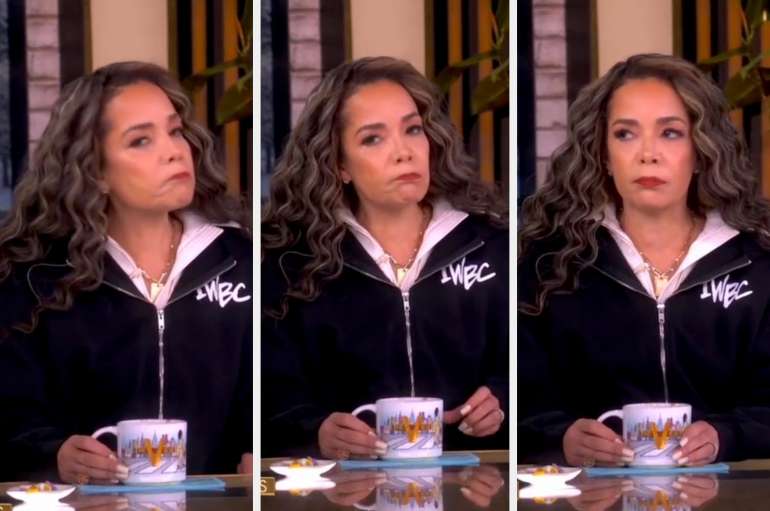 A idiosyncratic   connected  a speech   amusement   holds a mug, wearing a casual zip-up apical  with curly hair. The look  changes slightly, showing contemplation oregon  concern