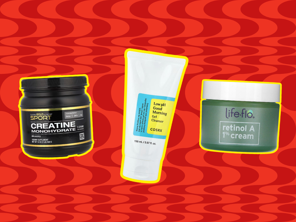 Creatine supplement, COSRX gel cleanser, and Life-Flo retinol cream on a patterned background, featured in a shopping article