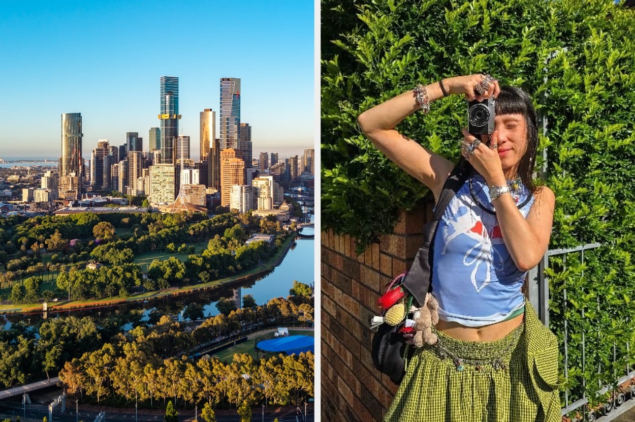 Left: City skyline with river and greenery; Right: Person with short hair takes a photo, standing against a leafy backdrop, wearing a blue top and green skirt