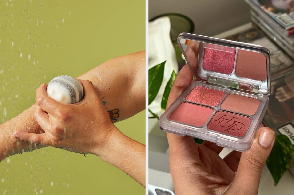 Left: Person using soap on an arm in a shower. Right: Open compact with four makeup shades held near plant and magazines