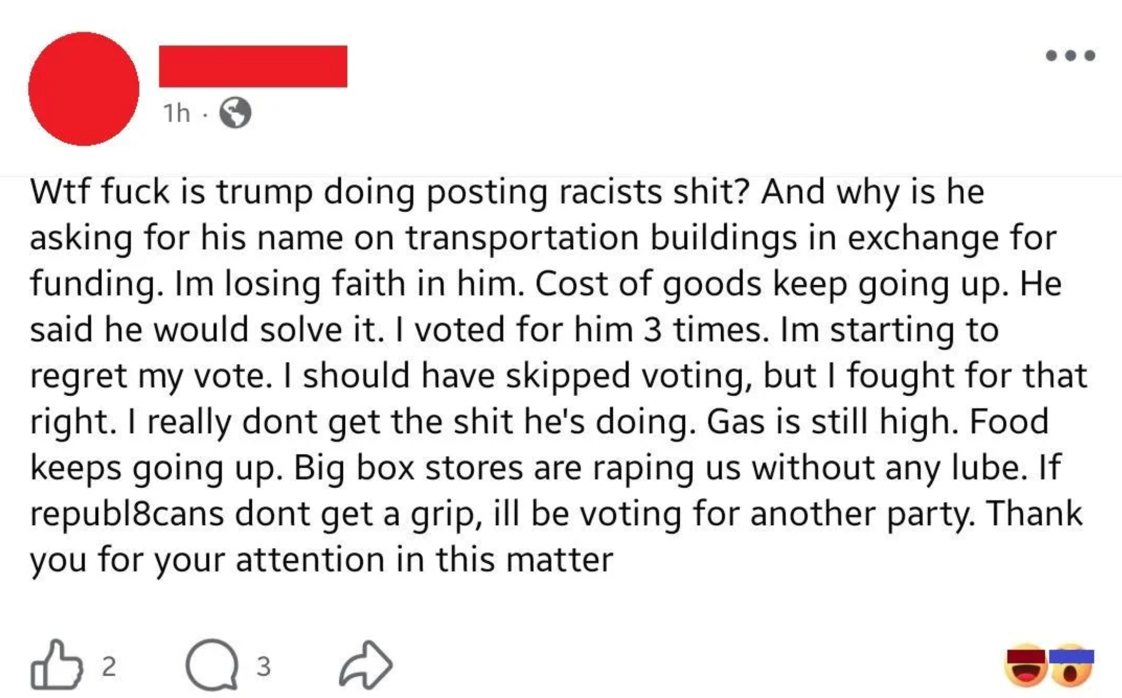 A societal  media station  expressing vexation  with a governmental  figure, mentioning precocious   costs, regret implicit    voting, and considering a alteration  successful  governmental  support