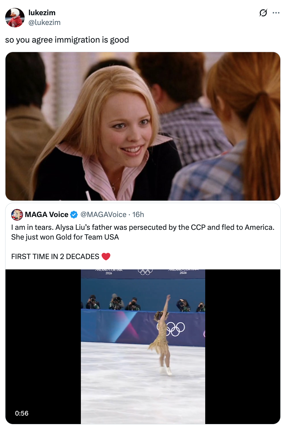 A meme with a "Mean Girls" reference. Below, a tweet talks astir Alysa Liu's household fleeing to the US, and winning golden for Team USA successful fig skating