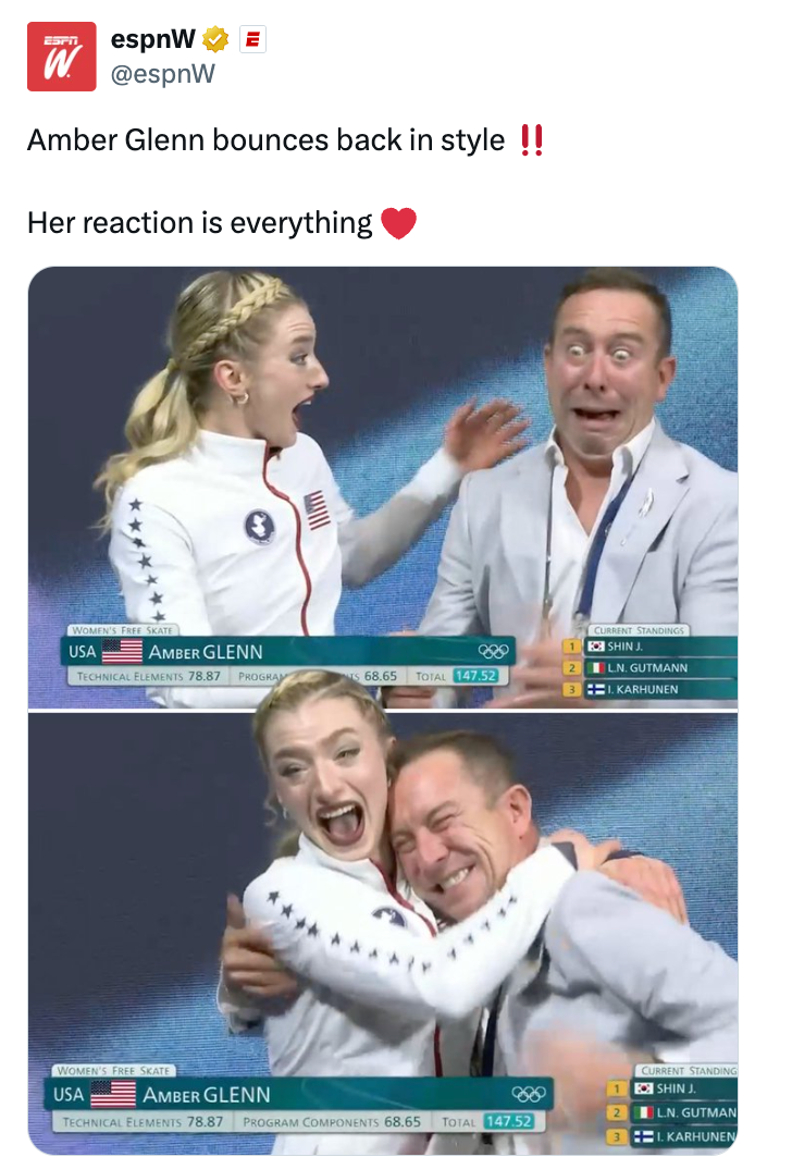 Figure skater Amber Glenn joyfully hugs a antheral successful a sports overgarment aft her performance, showing excitement and alleviation astatine a skating event