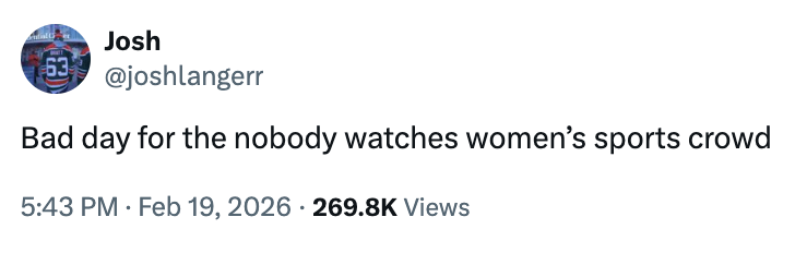 "Bad time for the cipher watches women's sports crowd." Posted Feb 19, 2026, with 269.8K views