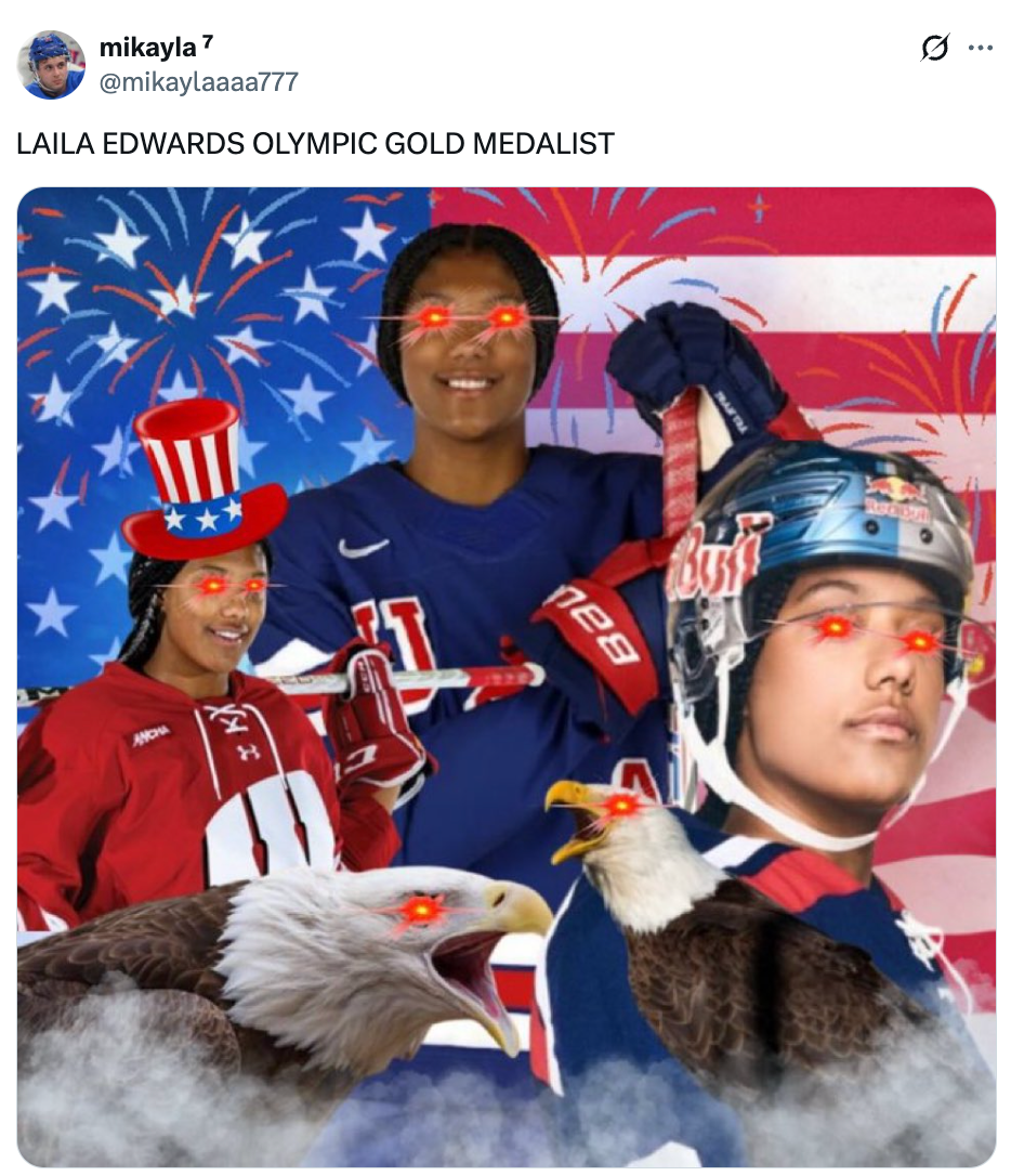 Collage of Laila Edwards successful sports attire with American emblem background, surrounded by eagles and fireworks, celebrating her Olympic golden medal
