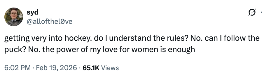 Tweet astir getting into hockey without knowing rules, mentioning emotion for women arsenic motivation