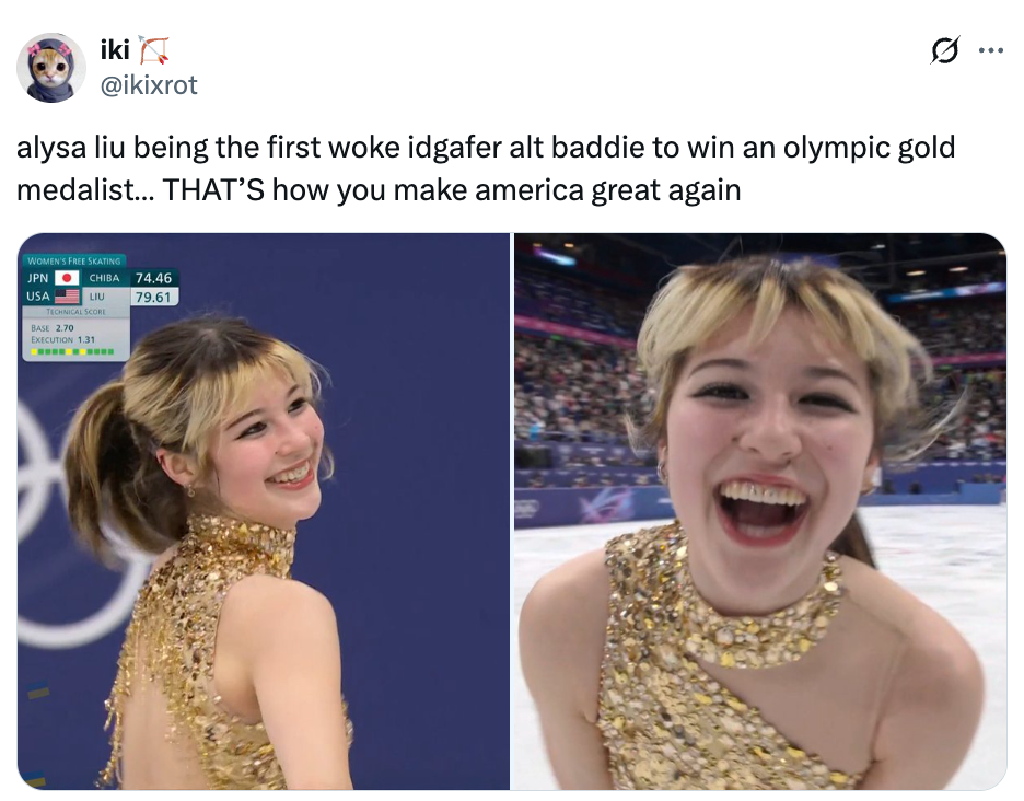 Figure skater wearing a glittering sequined formal smiling connected the crystal aft a performance
