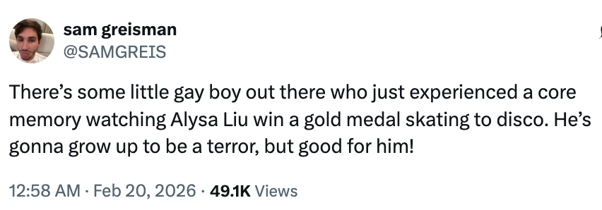 Tweet by idiosyncratic SAMGREISMAN astir a young lad being inspired by Alysa Liu's golden medal successful skating to disco music
