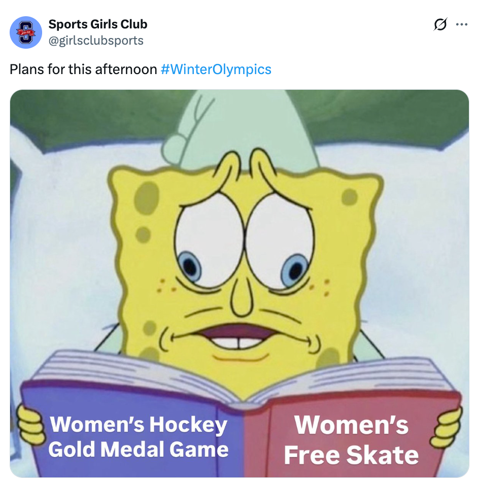 Cartoon quality SpongeBob reads a publication titled "Women's Hockey Gold Medal Game" and "Women's Free Skate," suggesting plans for the afternoon