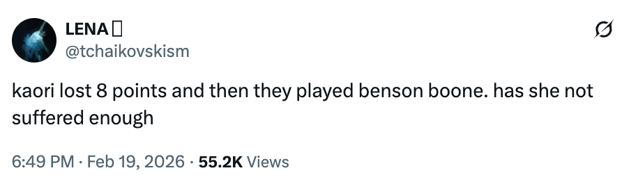 Tweet expressing sympathy for Kaori, who mislaid 8 points, and displeasure implicit playing Benson Boone's euphony afterward